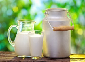 Milk in various dishes on the old wooden table in an outdoor setting.